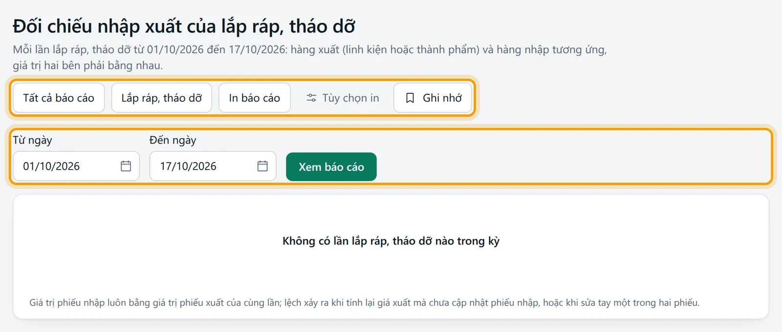 Màn Đối chiếu nhập xuất của lắp ráp, tháo dỡ với hàng nút, bộ lọc ngày và vùng kết quả