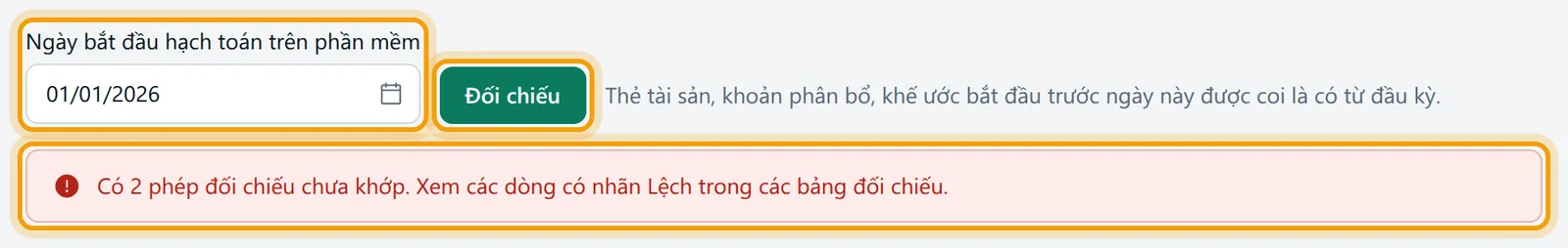 Ô Ngày bắt đầu hạch toán 01/01/2026, nút Đối chiếu và dòng báo kết quả phía dưới được viền vàng