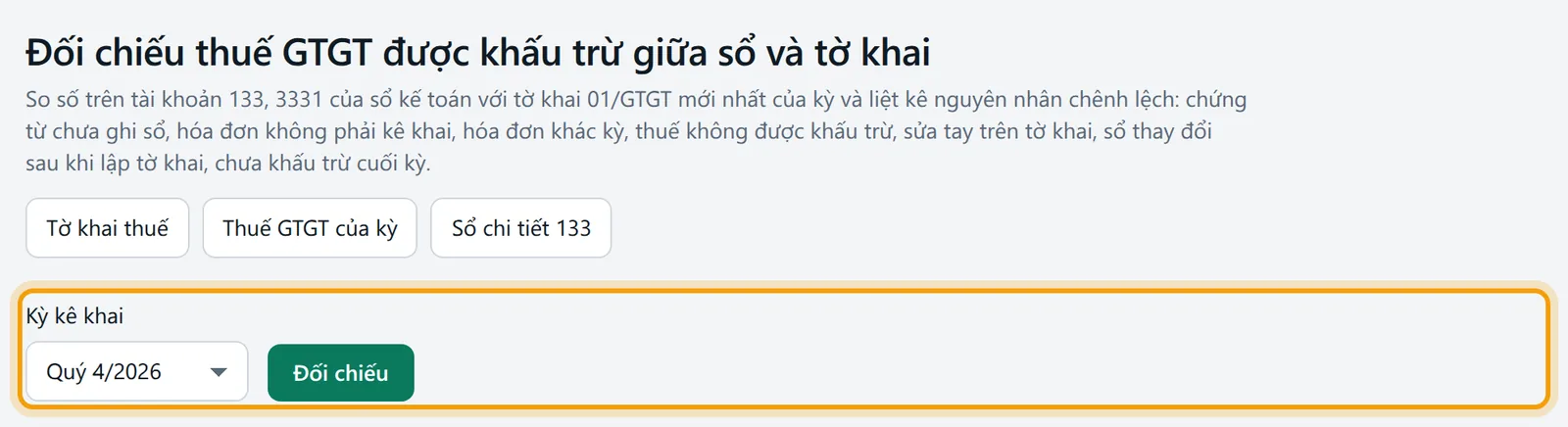 Trang Đối chiếu thuế GTGT được khấu trừ giữa sổ và tờ khai, kỳ Quý 4/2026 chưa lập tờ khai