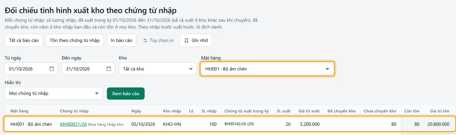 Chọn từ 01/10/2026 đến 31/10/2026, mặt hàng Bộ ấm chén, bấm Xem báo cáo, dòng chứng từ nhập hiện số xuất và còn tồn