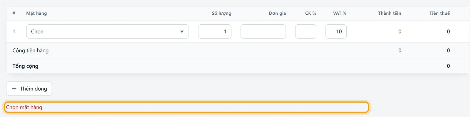 Cất đơn khi dòng hàng chưa chọn mặt hàng, phần mềm báo Chọn mặt hàng