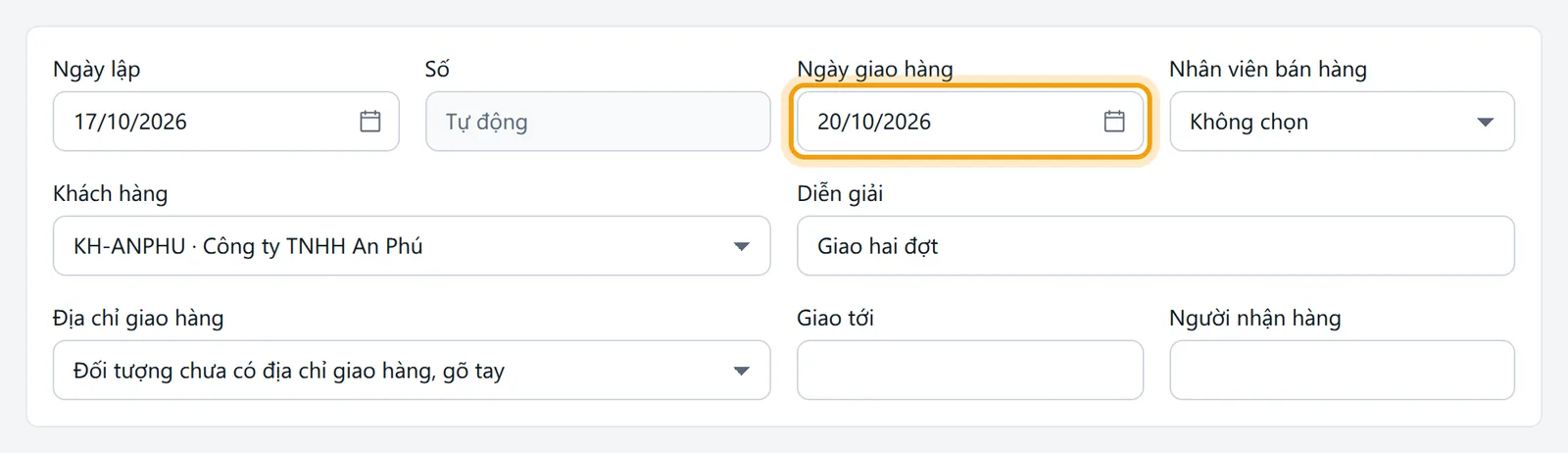Phần đầu đơn đặt hàng đã nhập ngày lập 17/10/2026, ngày giao hàng 20/10/2026, khách Công ty TNHH An Phú