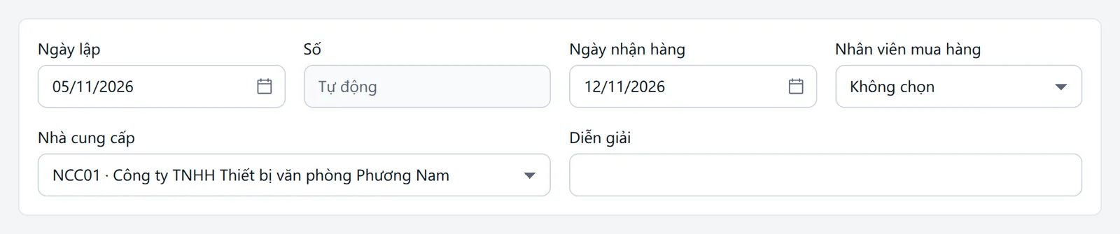 Phần đầu đơn mua hàng đã nhập ngày lập 05/11/2026, ngày nhận hàng 12/11/2026, nhà cung cấp