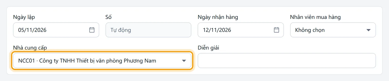 Ô Nhà cung cấp chọn từ danh mục, đã chọn Công ty TNHH Thiết bị văn phòng Phương Nam