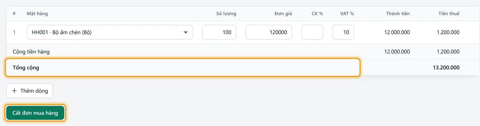 Đơn mua 100 bộ ấm chén, đơn giá 120.000, thuế 10%, tổng cộng 13.200.000