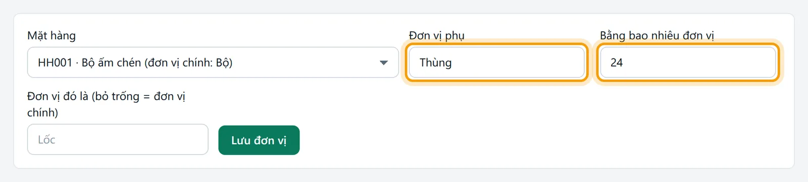 Ô Đơn vị phụ Thùng và ô Bằng bao nhiêu đơn vị 24 được viền vàng