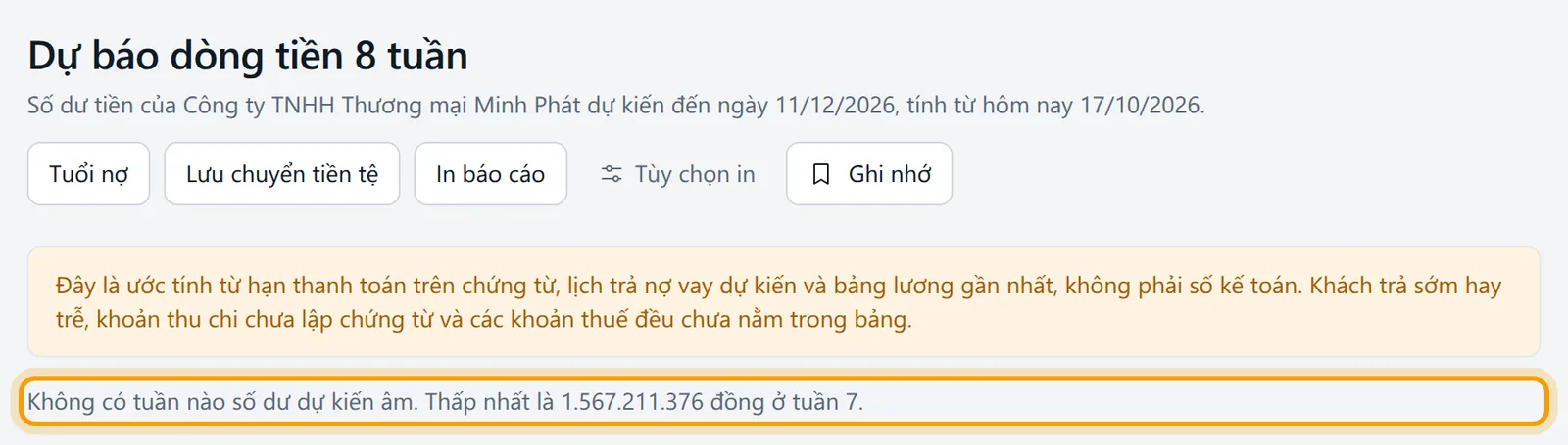 Kết quả: dự báo dòng tiền 8 tuần