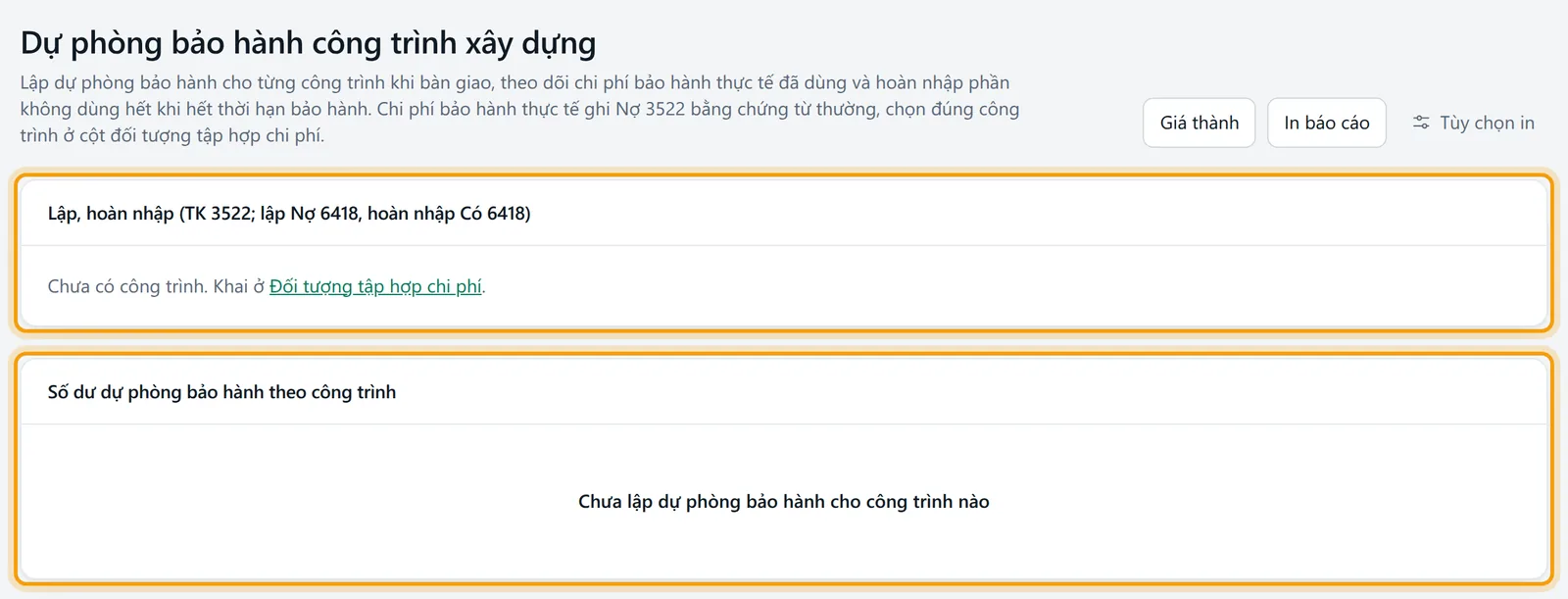 Màn Dự phòng bảo hành công trình xây dựng với khối lập chứng từ và bảng số dư