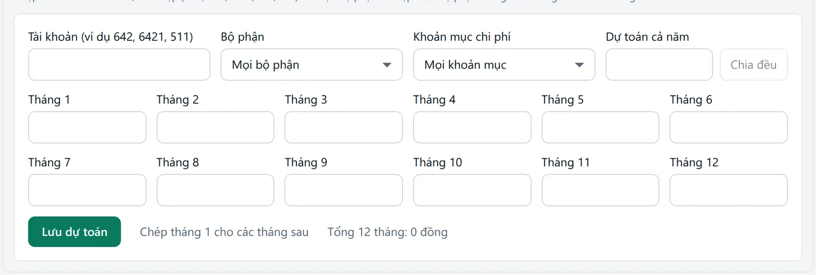 Form lập dự toán thu với tài khoản, bộ phận, dự toán cả năm và các ô tháng