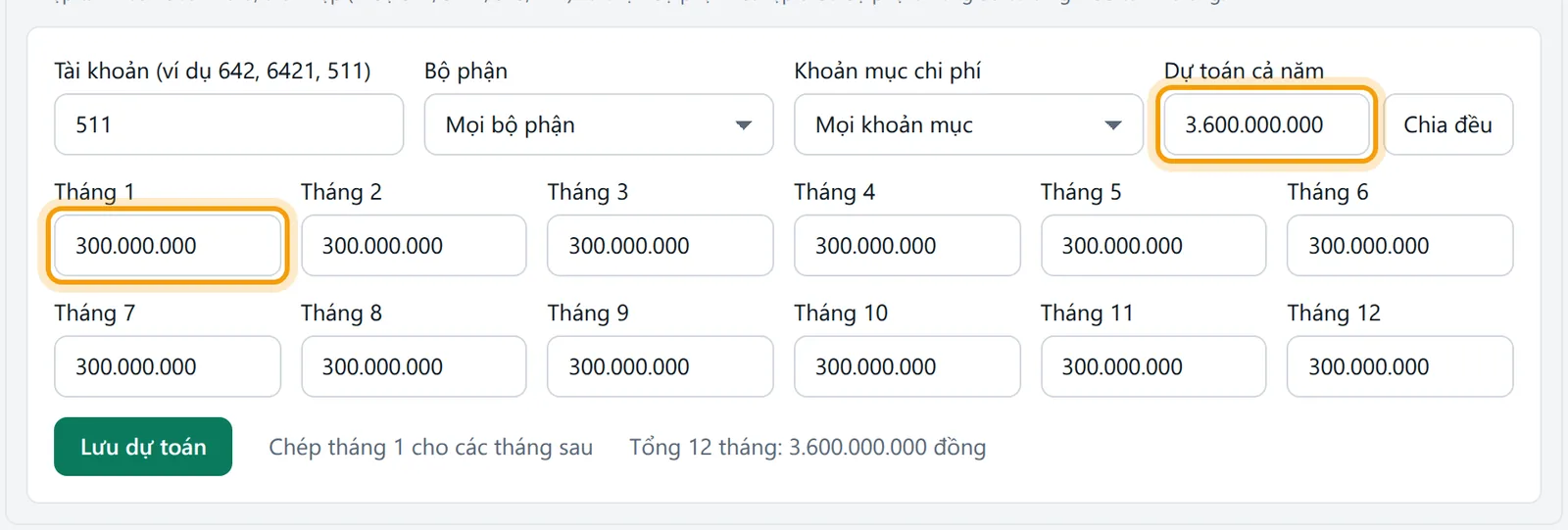 Form dự toán thu đã nhập tài khoản 511, dự toán cả năm 3.600.000.000 và chia đều 300.000.000 mỗi tháng