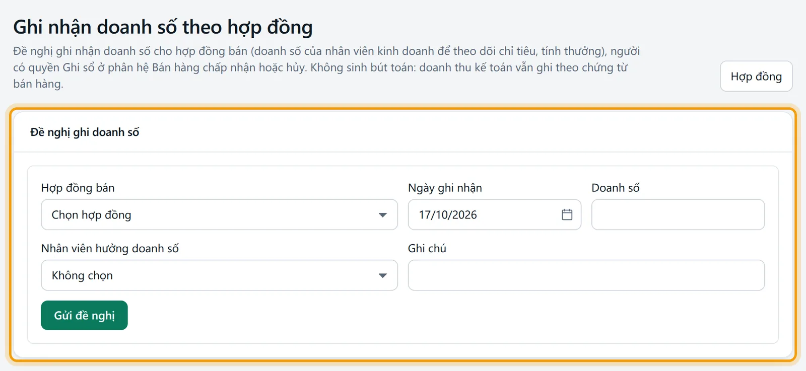 Màn Ghi nhận doanh số theo hợp đồng với khung Đề nghị ghi doanh số được viền vàng