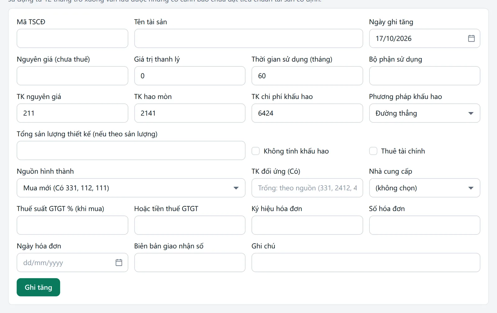 Form ghi tăng có chứng từ với các ô mã, tên, ngày, nguyên giá, tài khoản, nguồn, nhà cung cấp, thuế, hóa đơn