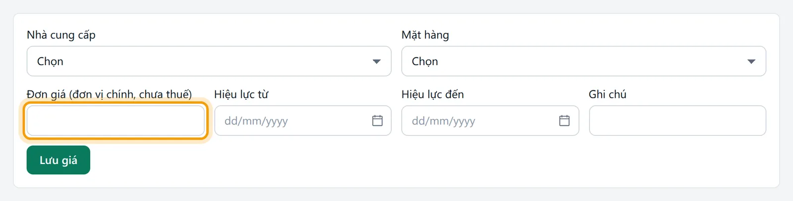 Ô Đơn giá ghi rõ đơn vị chính, chưa thuế