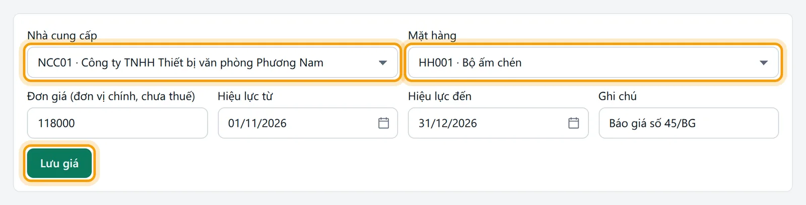 Chọn lại đúng nhà cung cấp và mặt hàng rồi nhập giá mới, bấm Lưu giá để ghi đè