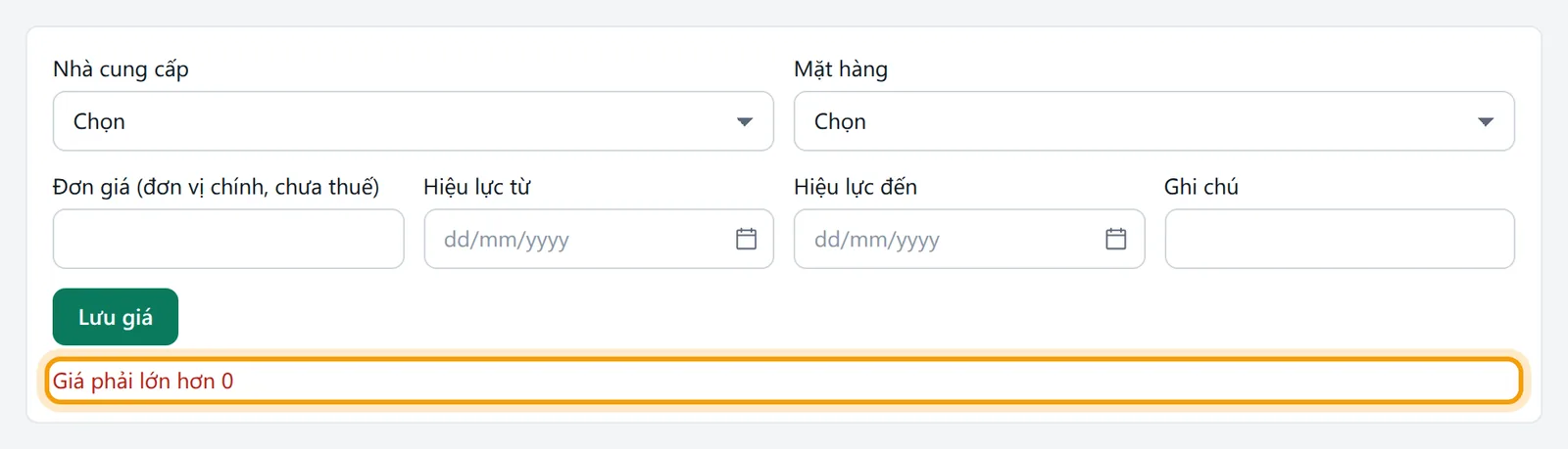 Thông báo lỗi Giá phải lớn hơn 0 dưới nút Lưu giá
