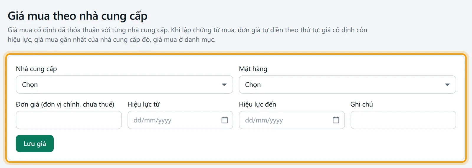 Màn Giá mua theo nhà cung cấp: biểu mẫu thêm giá và bảng giá đã lưu