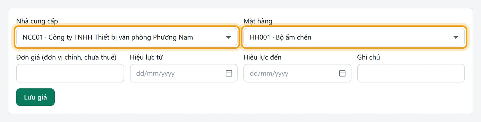 Ô Nhà cung cấp và ô Mặt hàng chọn từ danh mục
