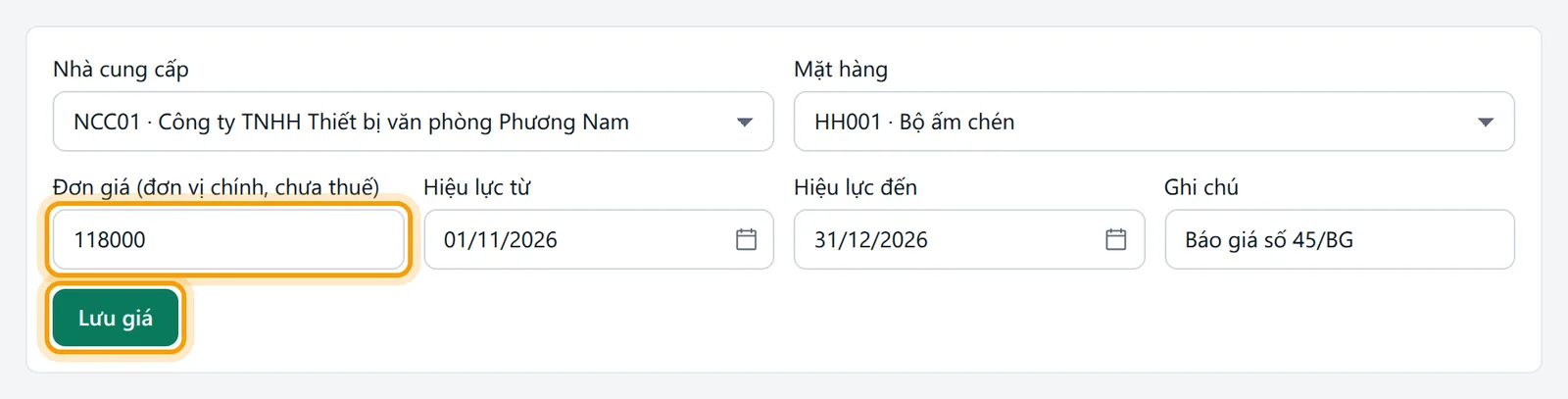 Giá 118000 áp dụng từ 01/11/2026 đến 31/12/2026, nút Lưu giá viền vàng
