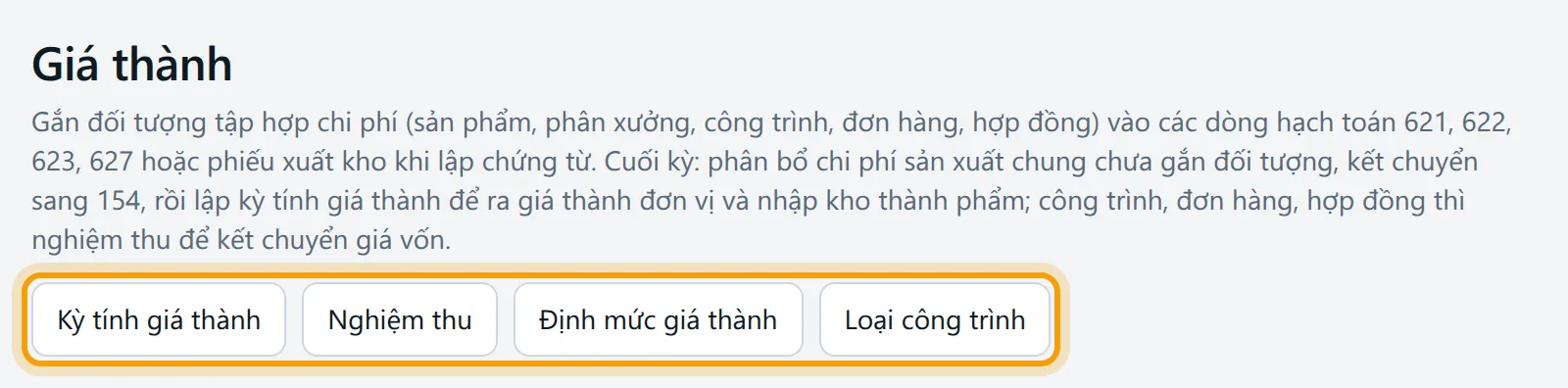 Đầu màn Giá thành với hàng nút Kỳ tính giá thành, Nghiệm thu, Định mức giá thành, Loại công trình