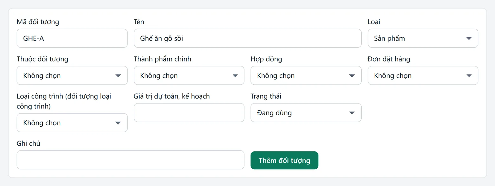 Form thêm đối tượng tập hợp chi phí với mã, tên, loại, thành phẩm chính, hợp đồng, đơn đặt hàng