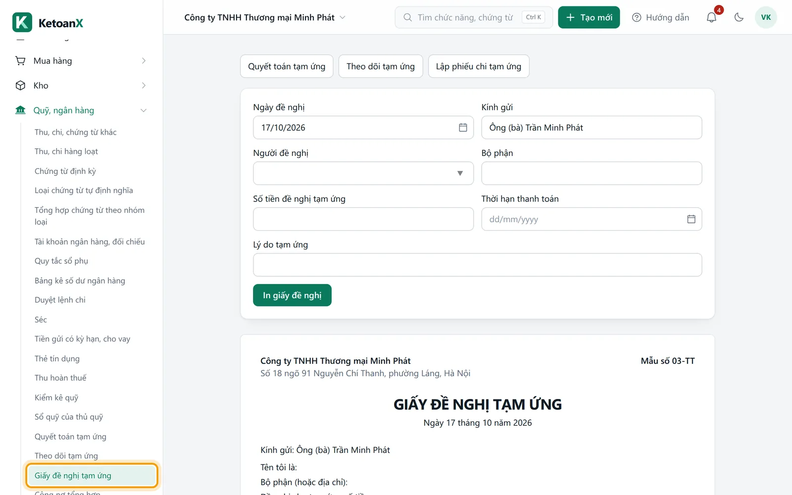 Menu bên trái, mục Giấy đề nghị tạm ứng trong nhóm Quỹ, ngân hàng được viền vàng
