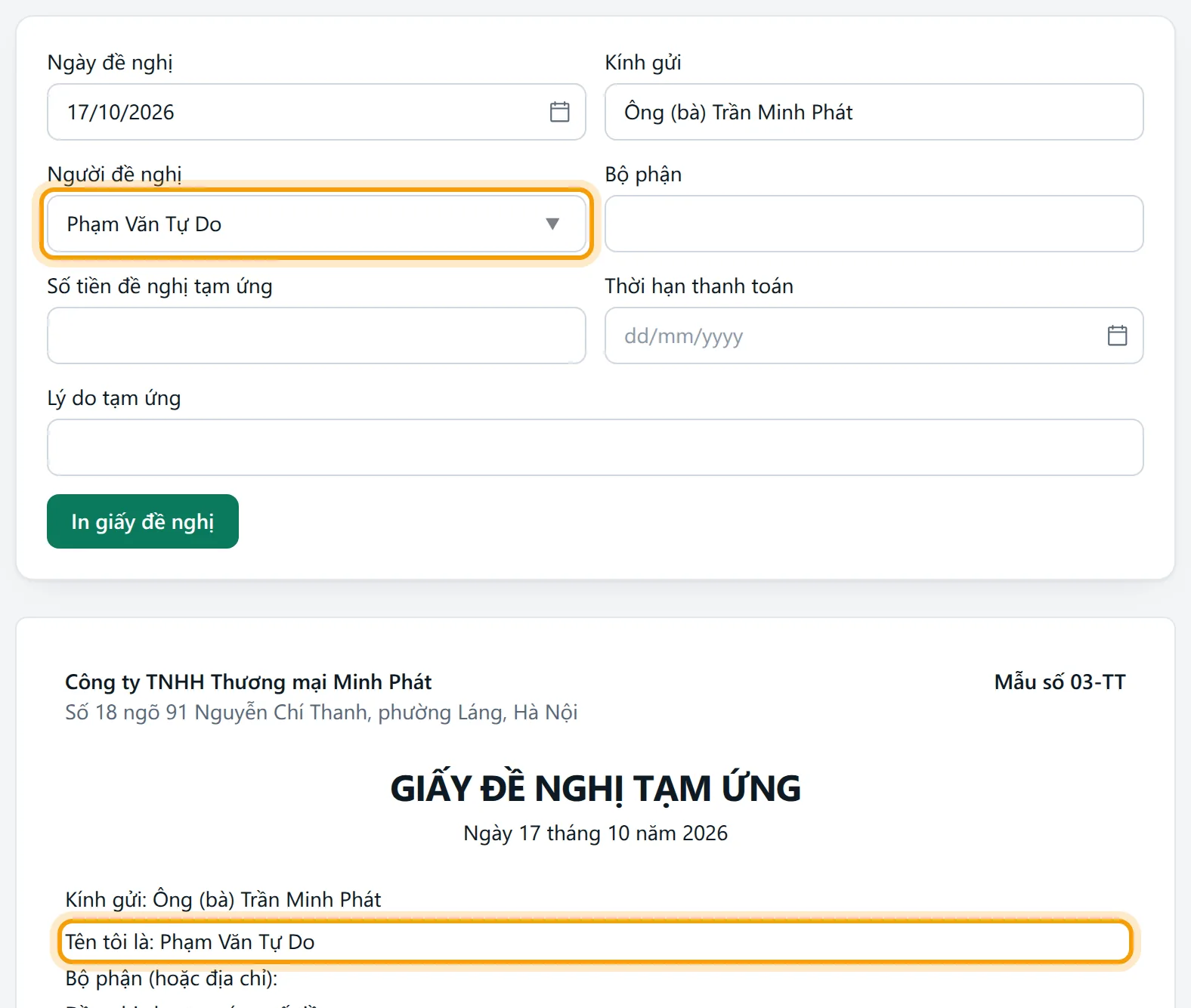 Ô Người đề nghị gõ tên tự do ngoài danh sách nhân viên vẫn hiện trên tờ giấy xem trước
