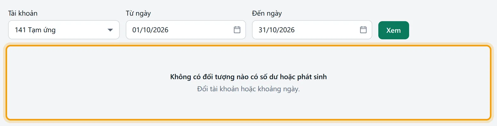 Loại Công nợ nhân viên tài khoản 141 kỳ tháng 10/2026, thông báo không có đối tượng nào được viền vàng