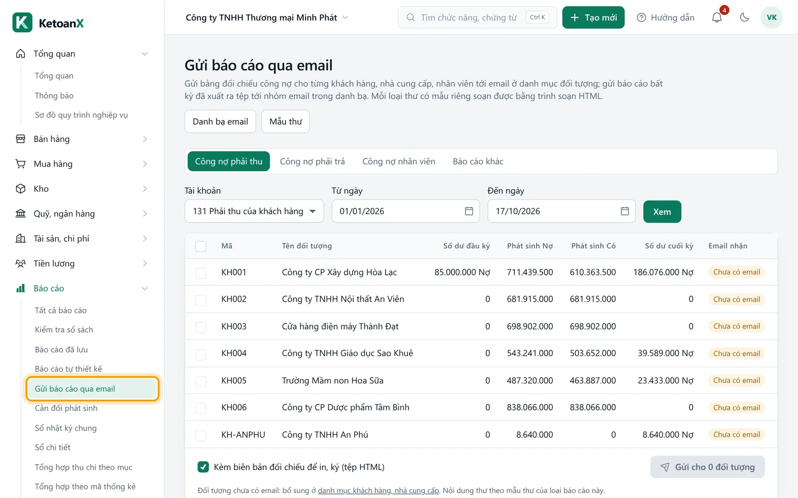 Menu bên trái mở nhóm Báo cáo, mục Gửi báo cáo qua email được viền vàng