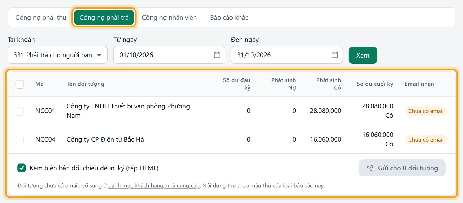Loại Công nợ phải trả với tài khoản 331 và bảng đối tượng nhà cung cấp