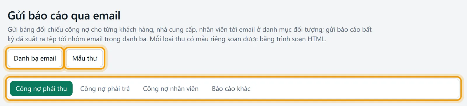 Đầu trang Gửi báo cáo qua email, các nút Danh bạ email, Mẫu thư và bốn nút chọn loại được viền vàng