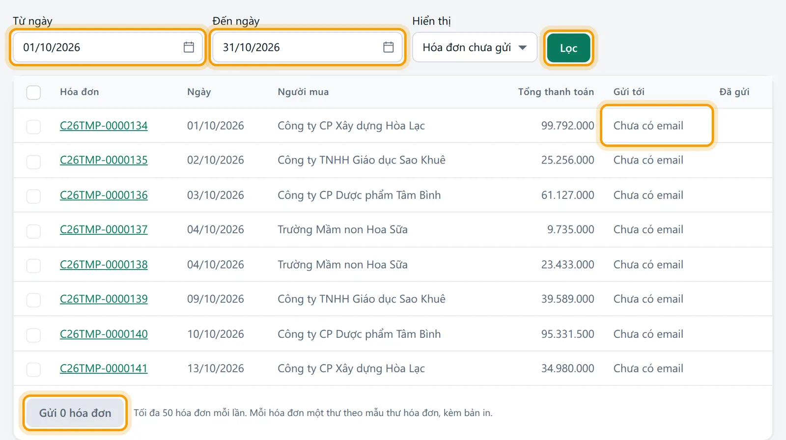 Lọc hóa đơn từ 01/10/2026 đến 31/10/2026; hóa đơn chưa có email ghi Chưa có email và nút Gửi 0 hóa đơn bị khóa
