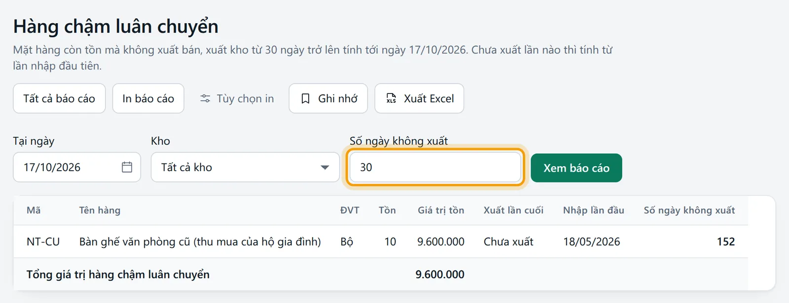 Đổi Số ngày không xuất thành 30, bảng hiện thêm mặt hàng