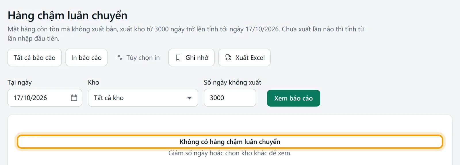 Đặt Số ngày không xuất rất lớn, bảng báo Không có hàng chậm luân chuyển