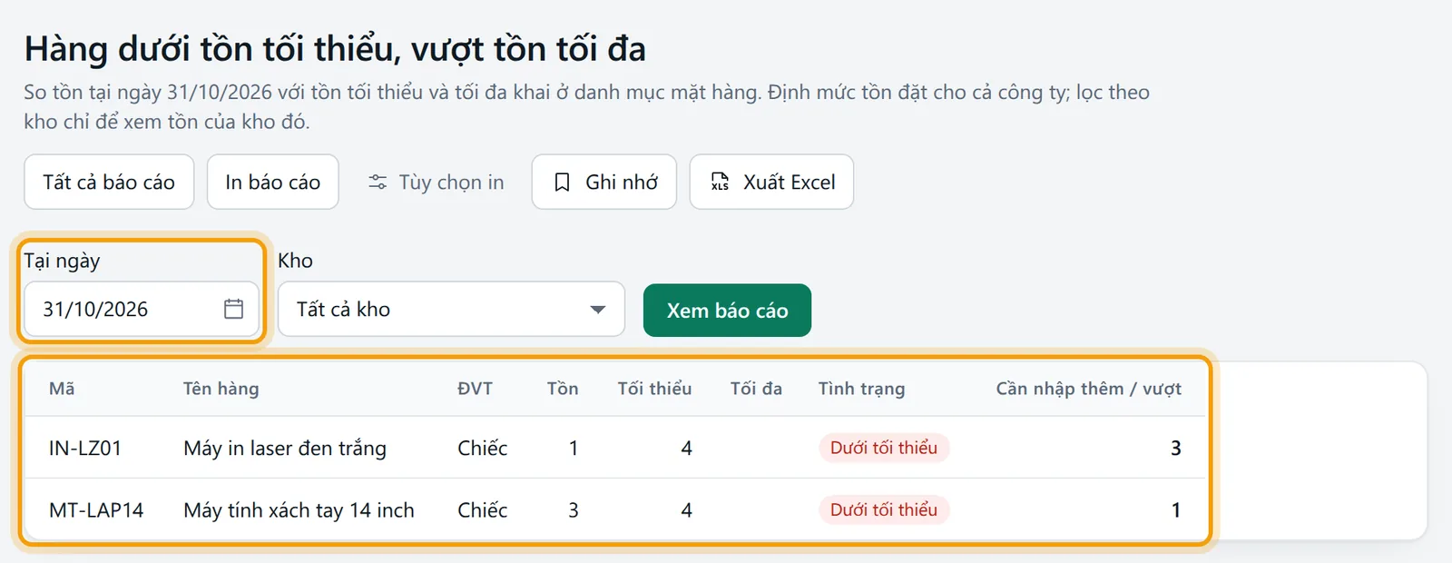 Chọn Tại ngày 31/10/2026, bấm Xem báo cáo, bảng hàng ngoài định mức tồn