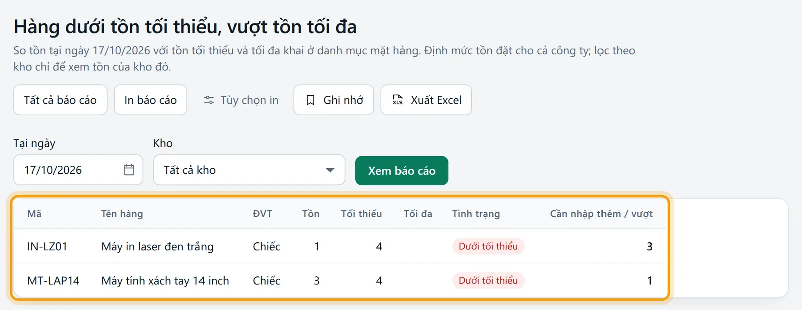 Màn Hàng dưới tồn tối thiểu, vượt tồn tối đa với bộ lọc và vùng kết quả được viền vàng