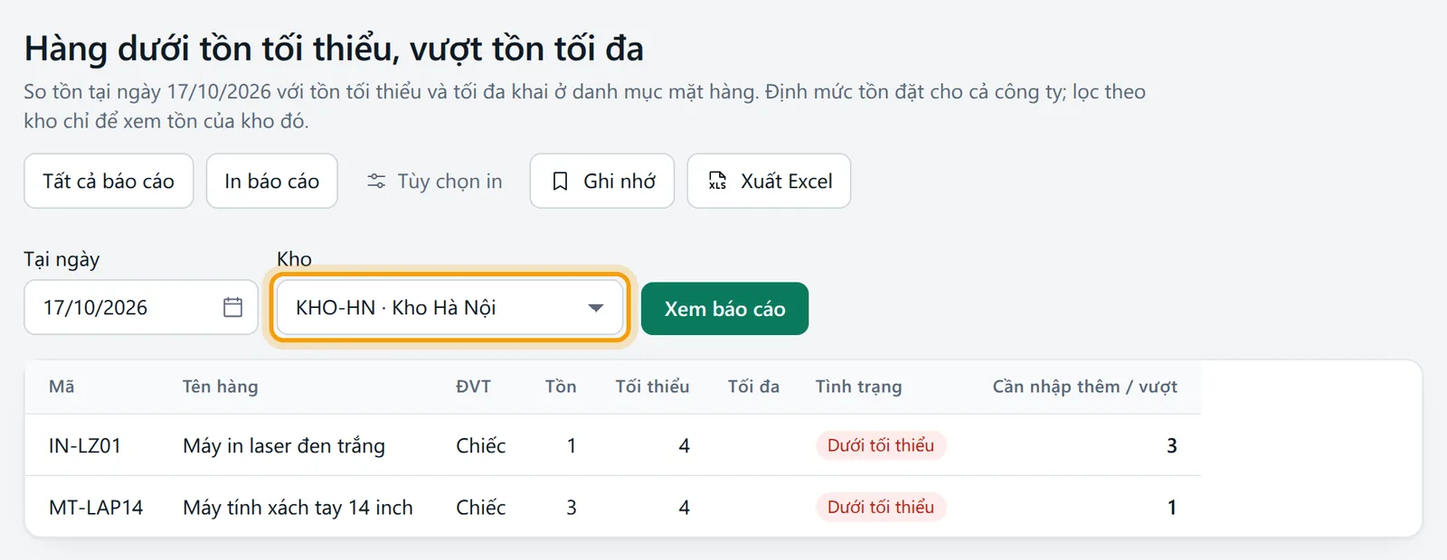Ô Kho chọn Kho Hà Nội, bảng chỉ xét tồn của kho đó