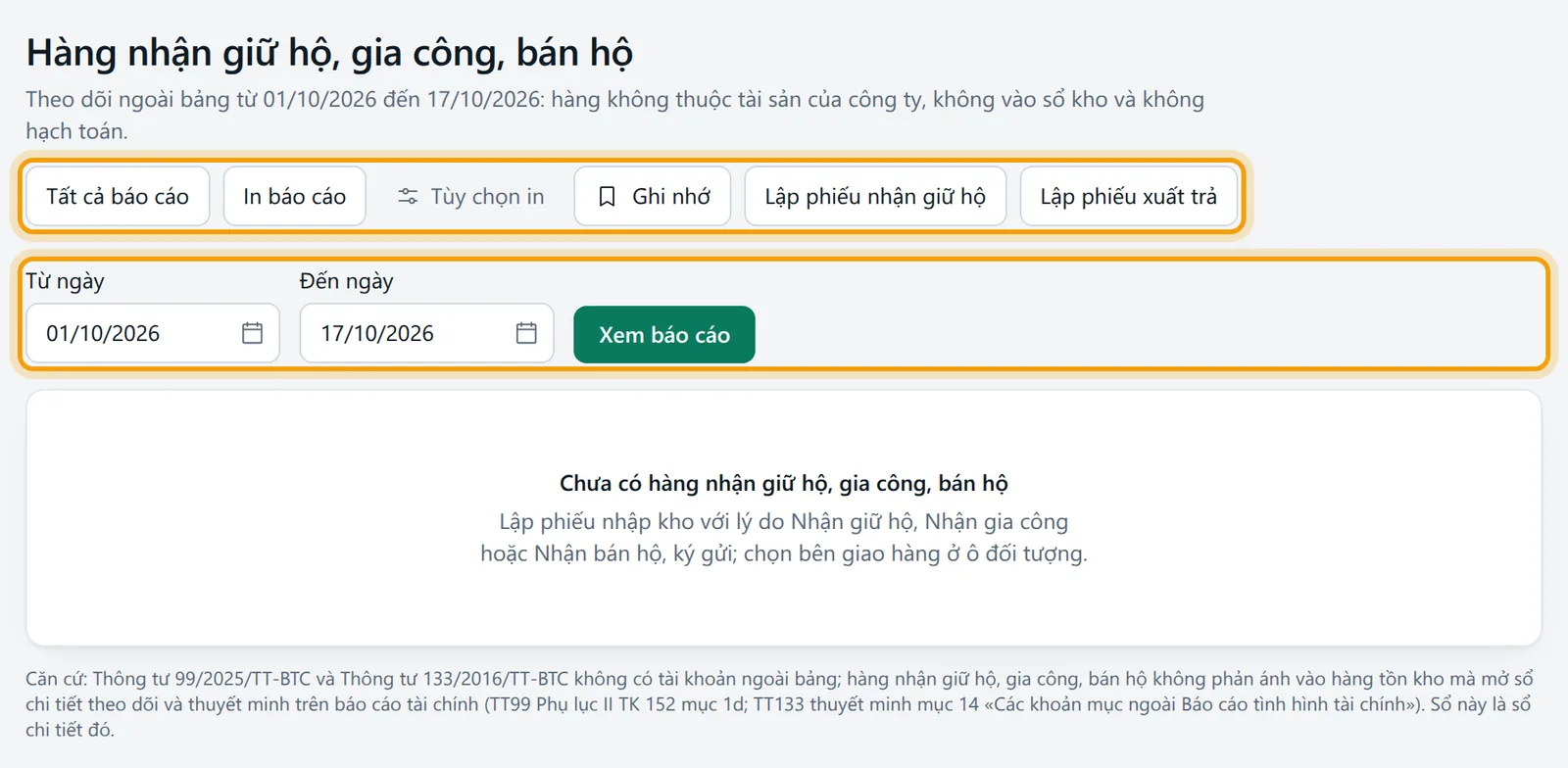 Màn Hàng nhận giữ hộ, gia công, bán hộ với hàng nút, bộ lọc ngày và vùng kết quả