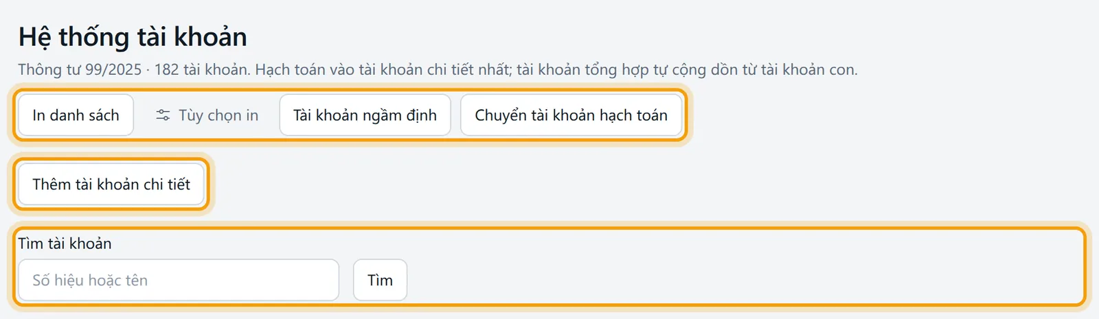 Màn Hệ thống tài khoản: các nút in, Tài khoản ngầm định, Chuyển tài khoản hạch toán, mục Thêm tài khoản chi tiết và bảng tài khoản