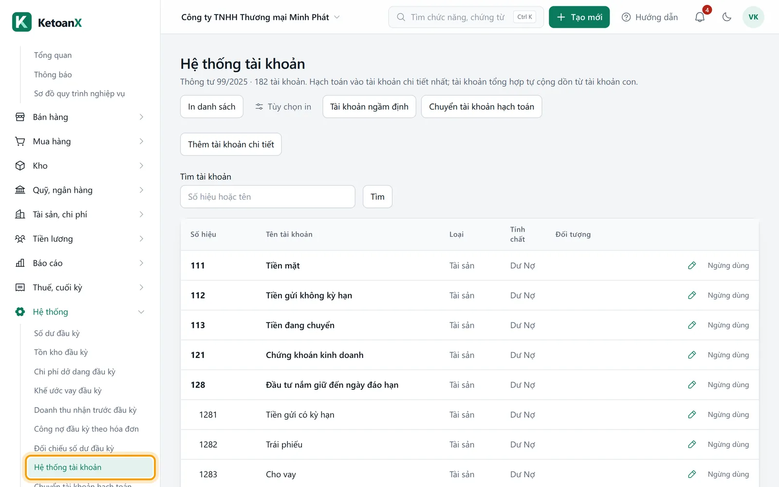 Menu bên trái mở nhóm Hệ thống, mục Hệ thống tài khoản được viền vàng