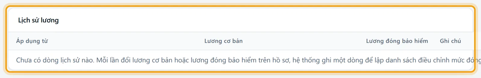 Khối Lịch sử lương ghi ngày áp dụng, lương cơ bản, lương đóng bảo hiểm