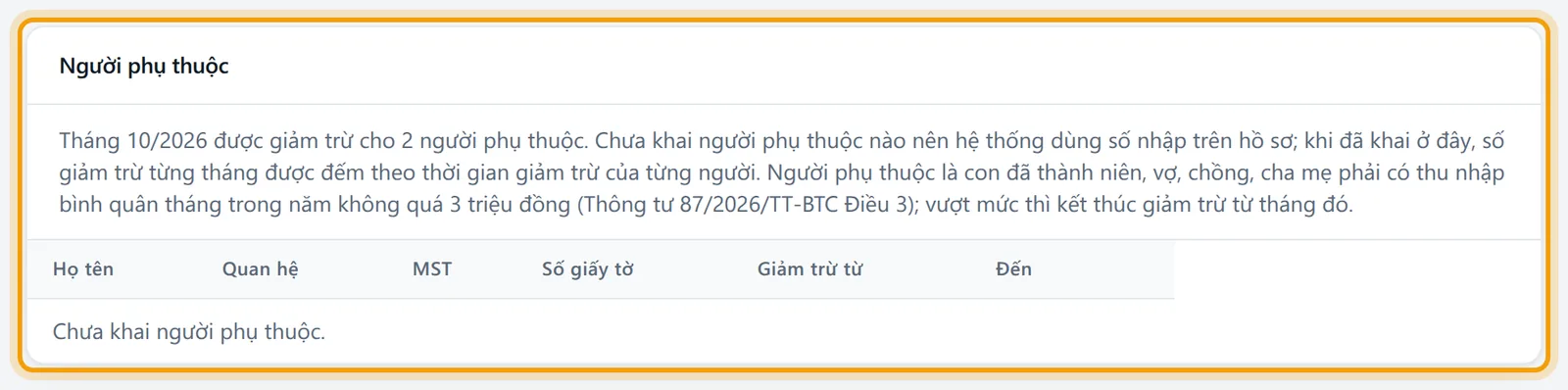 Khối Người phụ thuộc trên hồ sơ nhân viên với họ tên, quan hệ, MST, giảm trừ từ, đến