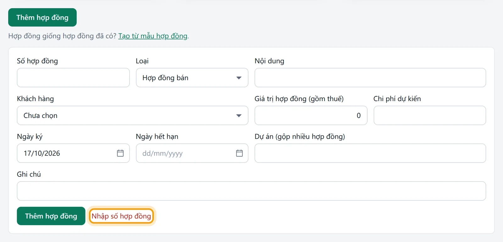 Bấm Thêm hợp đồng khi chưa nhập số hợp đồng, phần mềm báo Nhập số hợp đồng