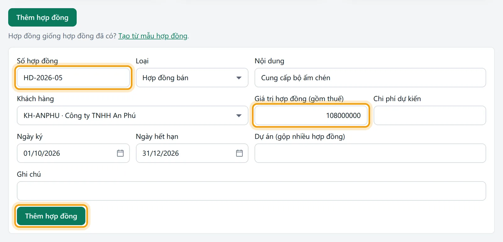 Hợp đồng HD-2026-05 với Công ty TNHH An Phú, giá trị 108.000.000, ngày ký 01/10/2026, hết hạn 31/12/2026
