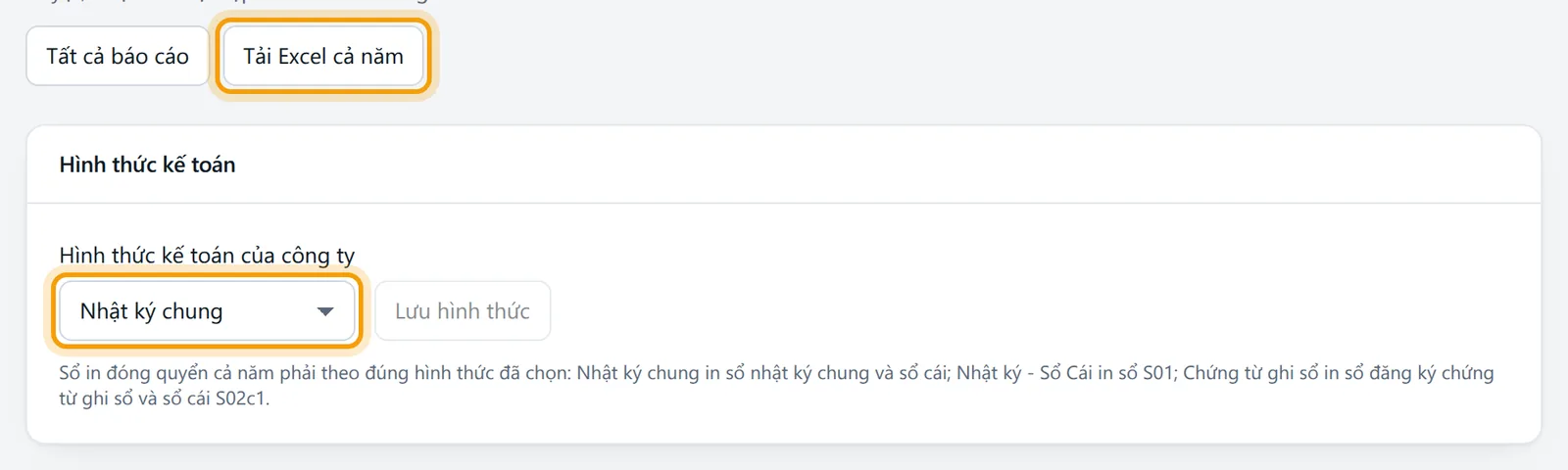 Đầu trang In sổ sách cả năm, nút Tải Excel cả năm và ô Hình thức kế toán được viền vàng