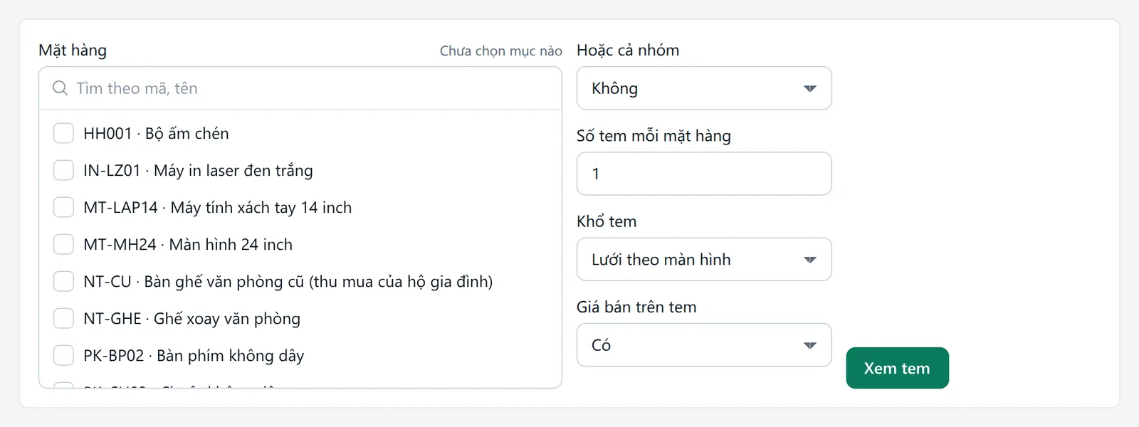 Màn In tem mã vạch với danh sách chọn mặt hàng và các ô số tem, khổ tem