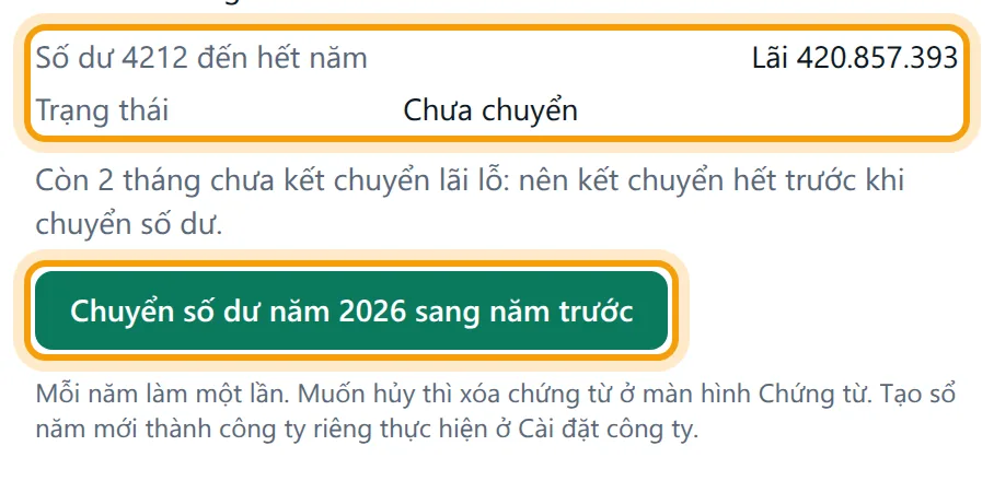 Khung Kết chuyển số dư cuối năm với số dư 4212, trạng thái Chưa chuyển và nút Chuyển số dư