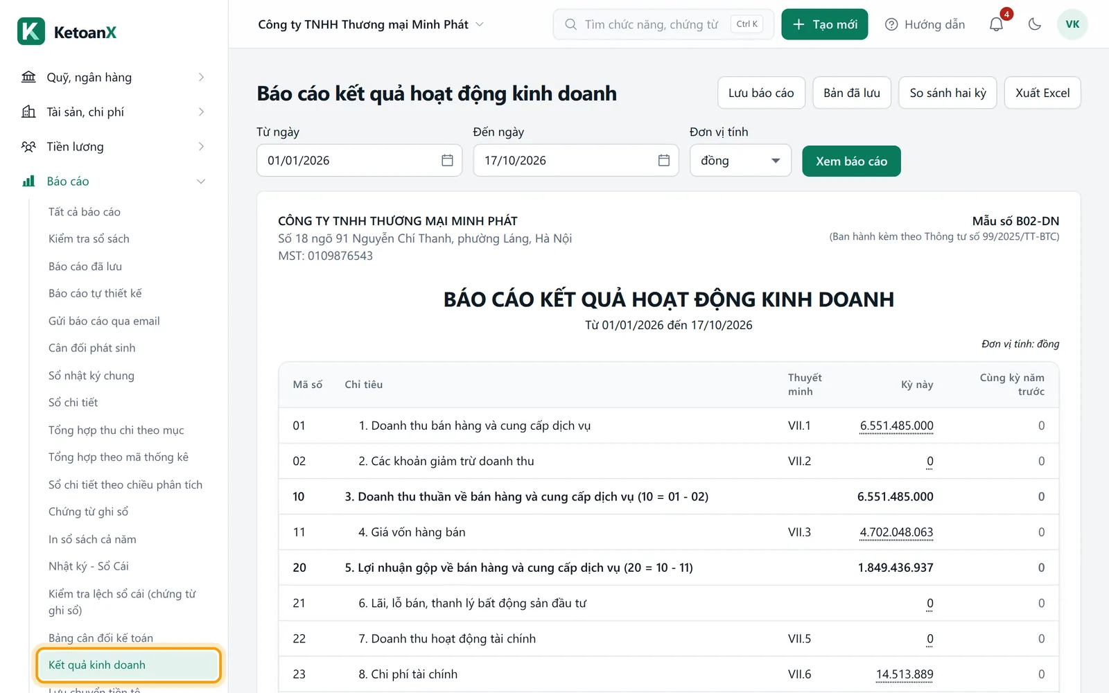 Menu bên trái mở nhóm Báo cáo, mục Kết quả kinh doanh được viền vàng