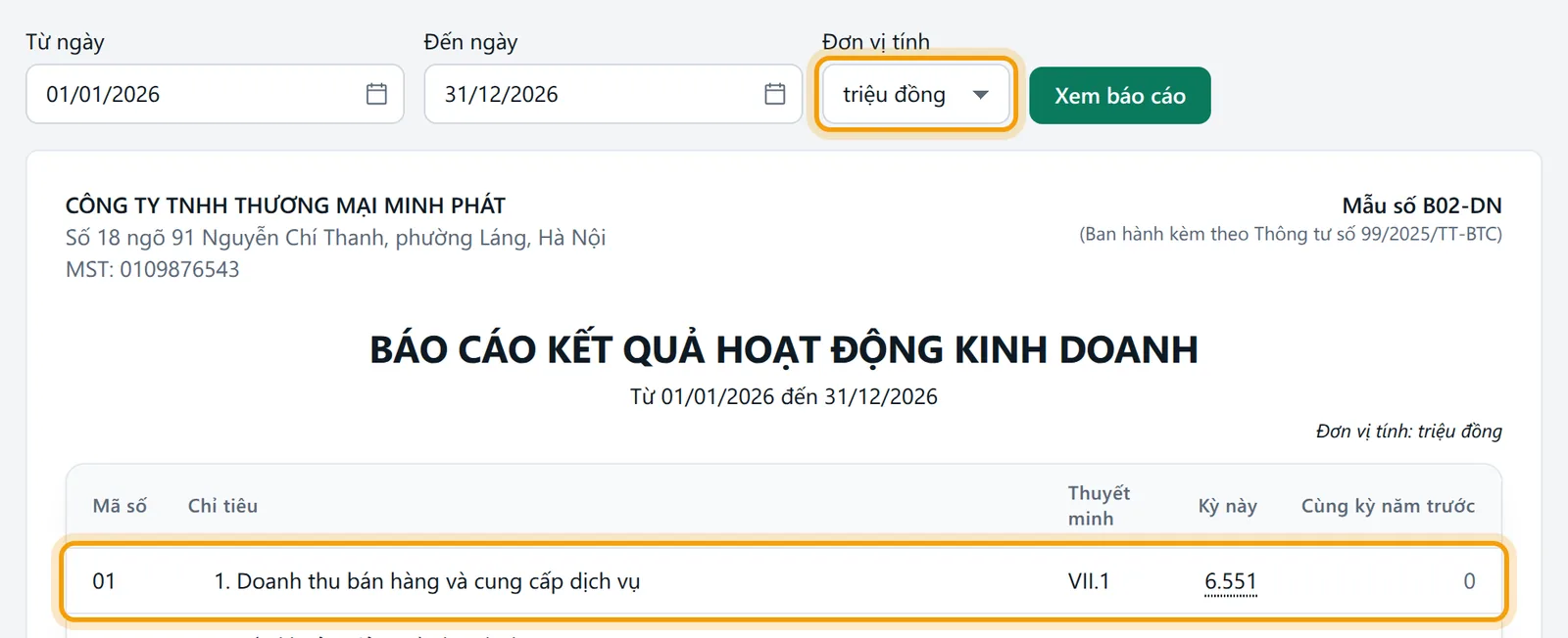 Kỳ 01/01/2026 đến 31/12/2026 và đơn vị tính triệu đồng, đầu bảng báo cáo