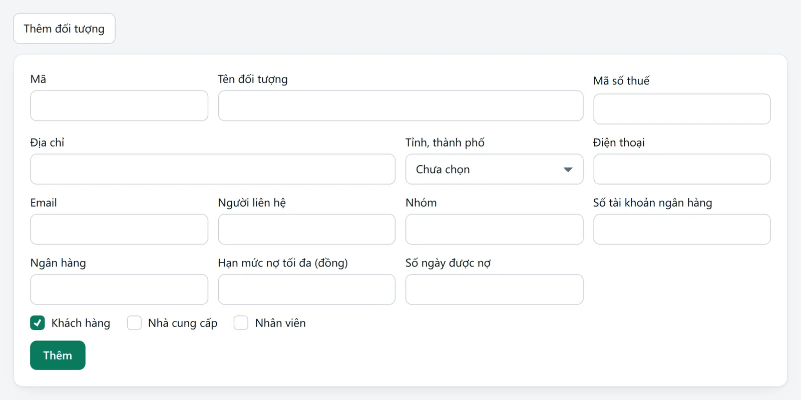 Biểu mẫu thêm đối tượng gồm mã, tên, mã số thuế, địa chỉ, tỉnh, điện thoại, email, hạn mức nợ, số ngày được nợ và vai trò