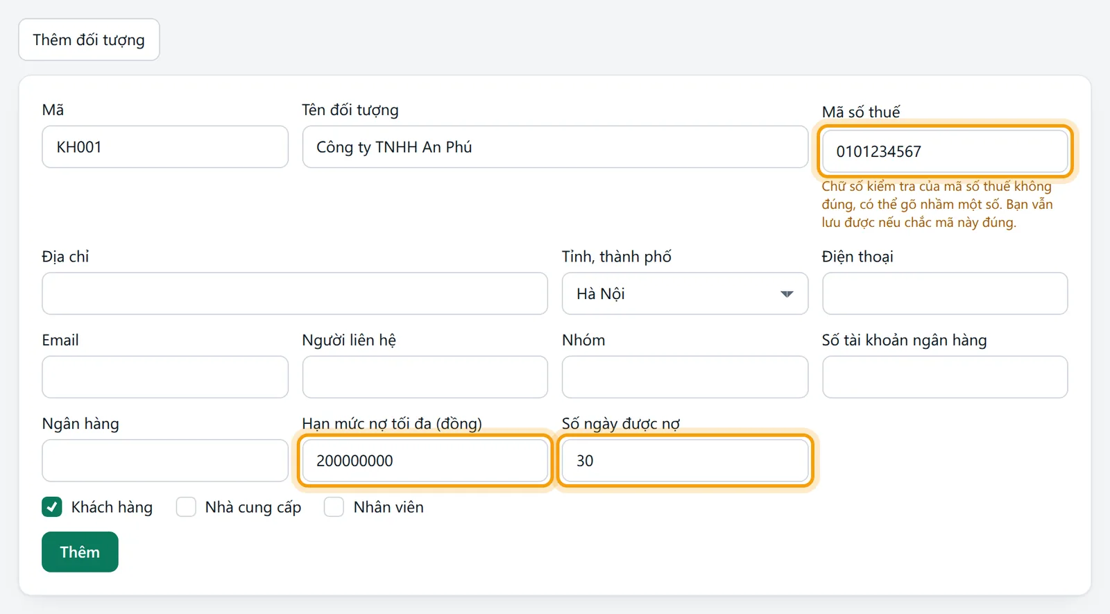 Khách KH001 Công ty TNHH An Phú, mã số thuế 0101234567, tỉnh Hà Nội, được nợ 30 ngày, hạn mức 200.000.000